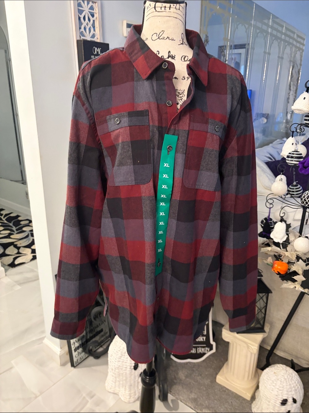 Men's Red & Gray Plaid Button-Down Shirt Jacket